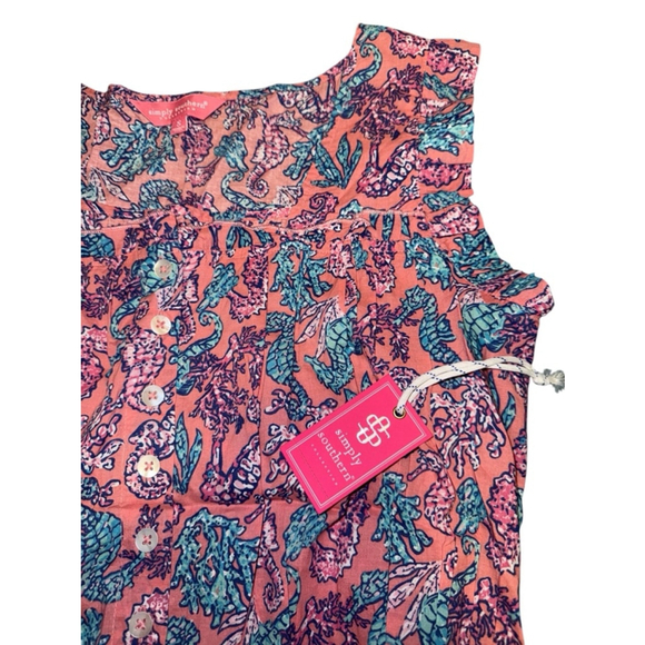 Simply Southern Women’s Sleeveless Ruffle Top, Coral/Seahorse Print, small - Picture 3 of 8